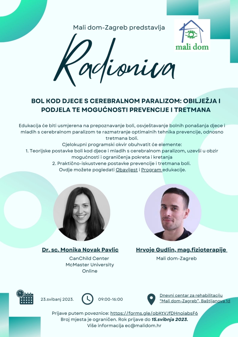 Poziv na radionicu: Bol kod djece s cerebralnom paralizom: obilježja i podjela te mogućnosti prevencije i tretmana.